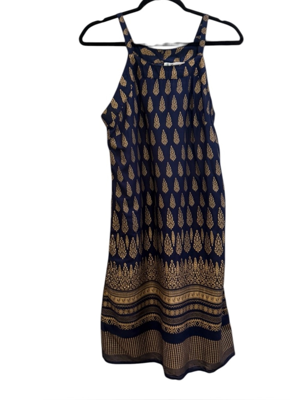 NWT. Lapogee dress, size medium. Navy with gold print.